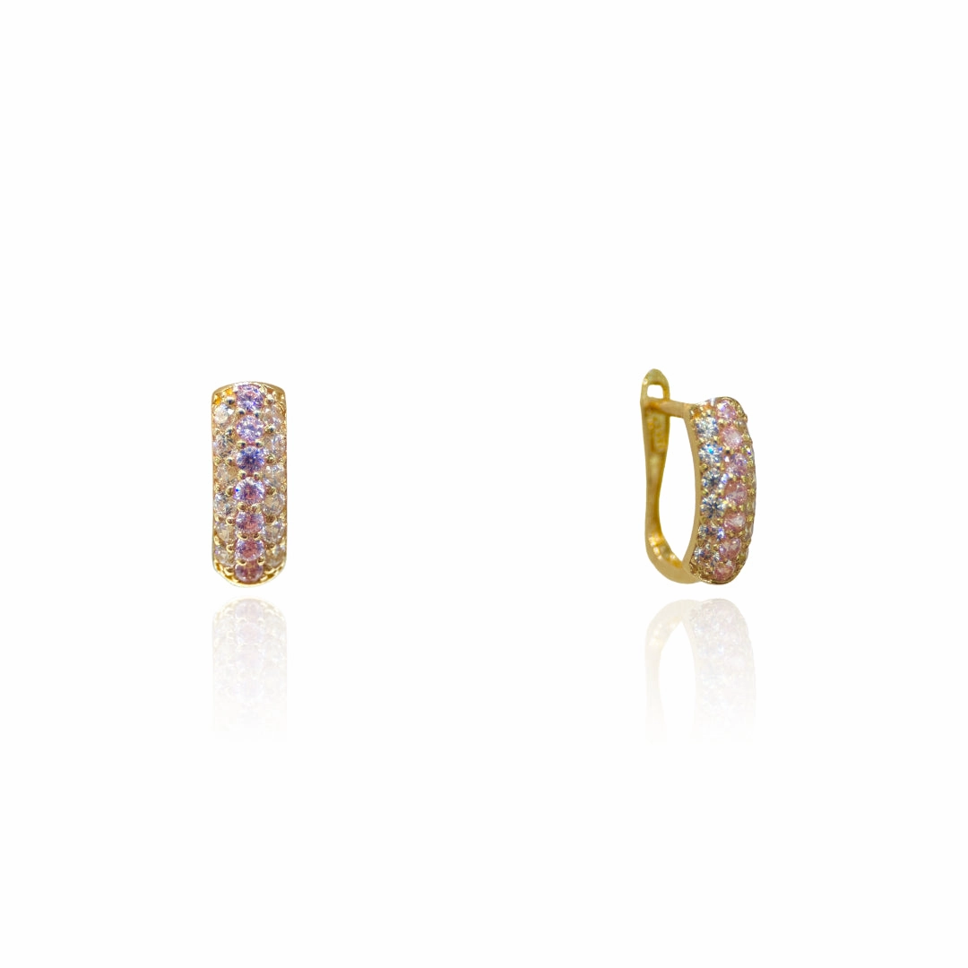 14k Gold Huggie Earrings with Pink and Clear CZ Stones