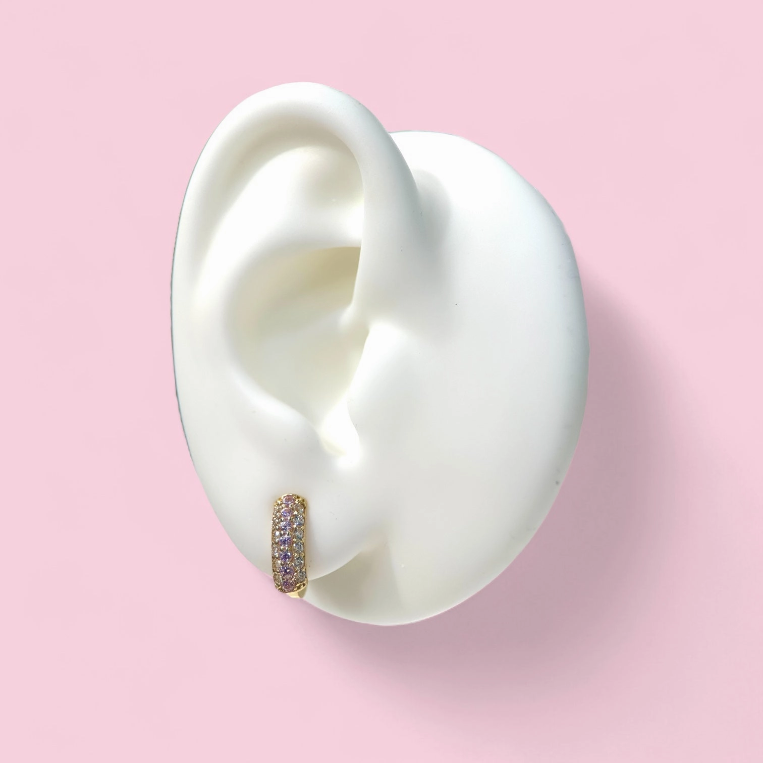 14k Gold Huggie Earrings with Pink and Clear CZ Stones