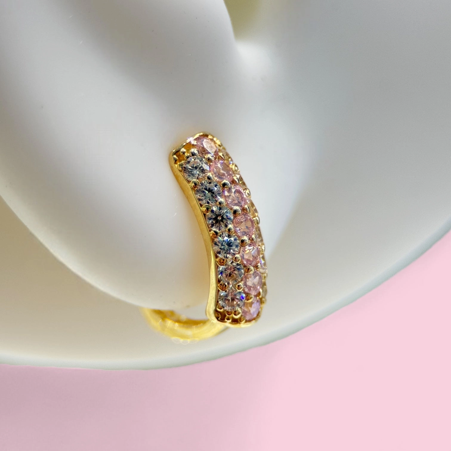 14k Gold Huggie Earrings with Pink and Clear CZ Stones