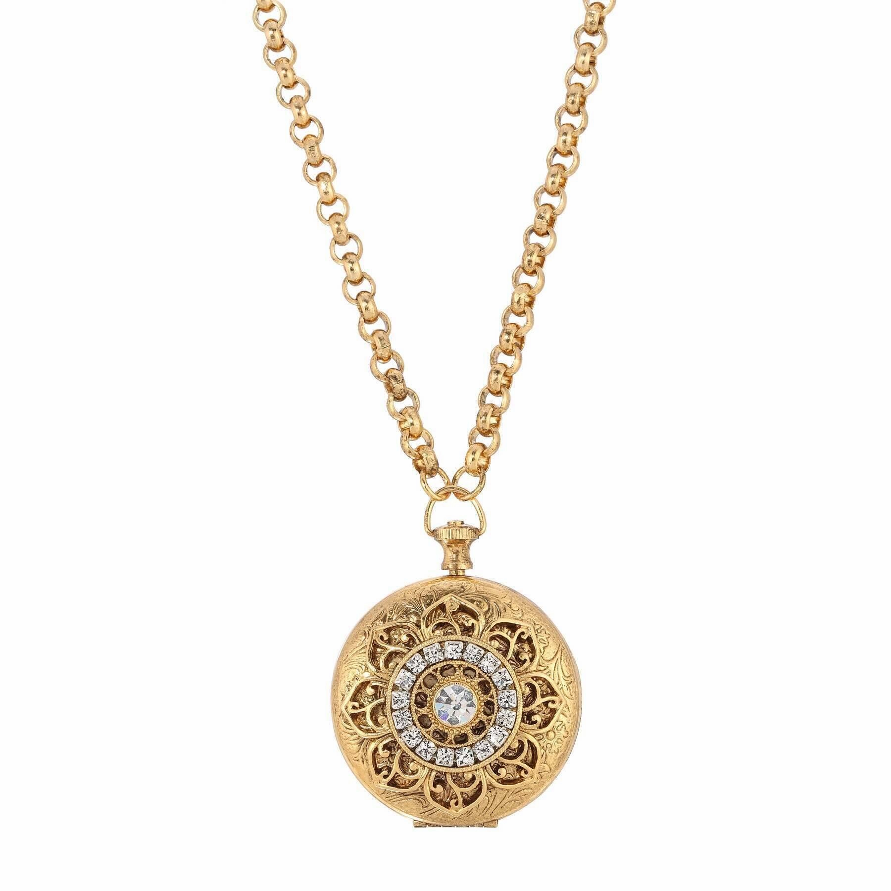 1928 Jewelry Deco Lux Crystal Pocket Watch Locket Necklace 28"