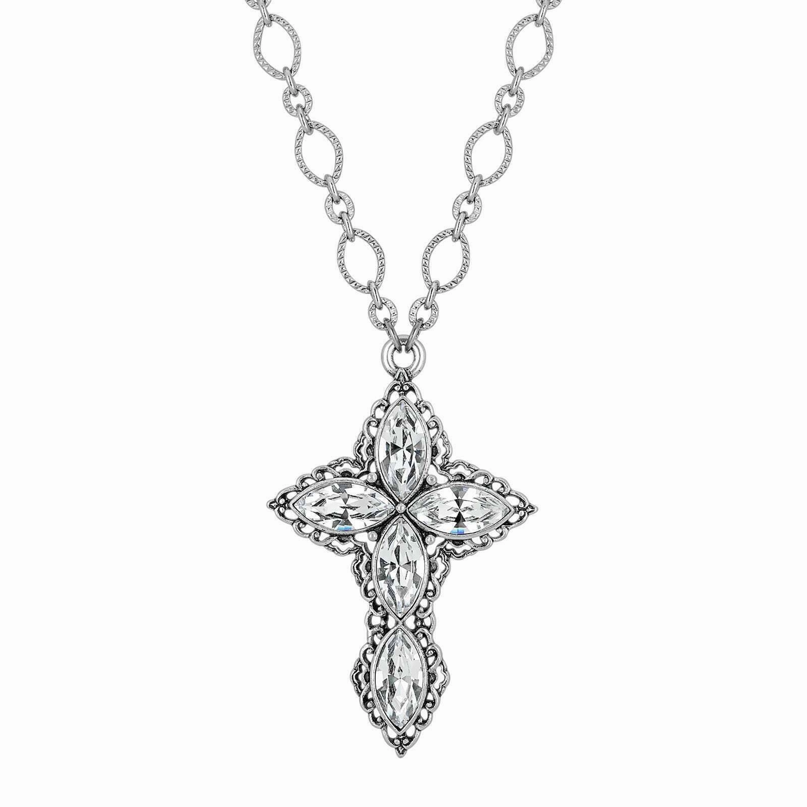 1928 Jewelry Diamond Link Chain Pewter Cross Pendant Necklace 24"