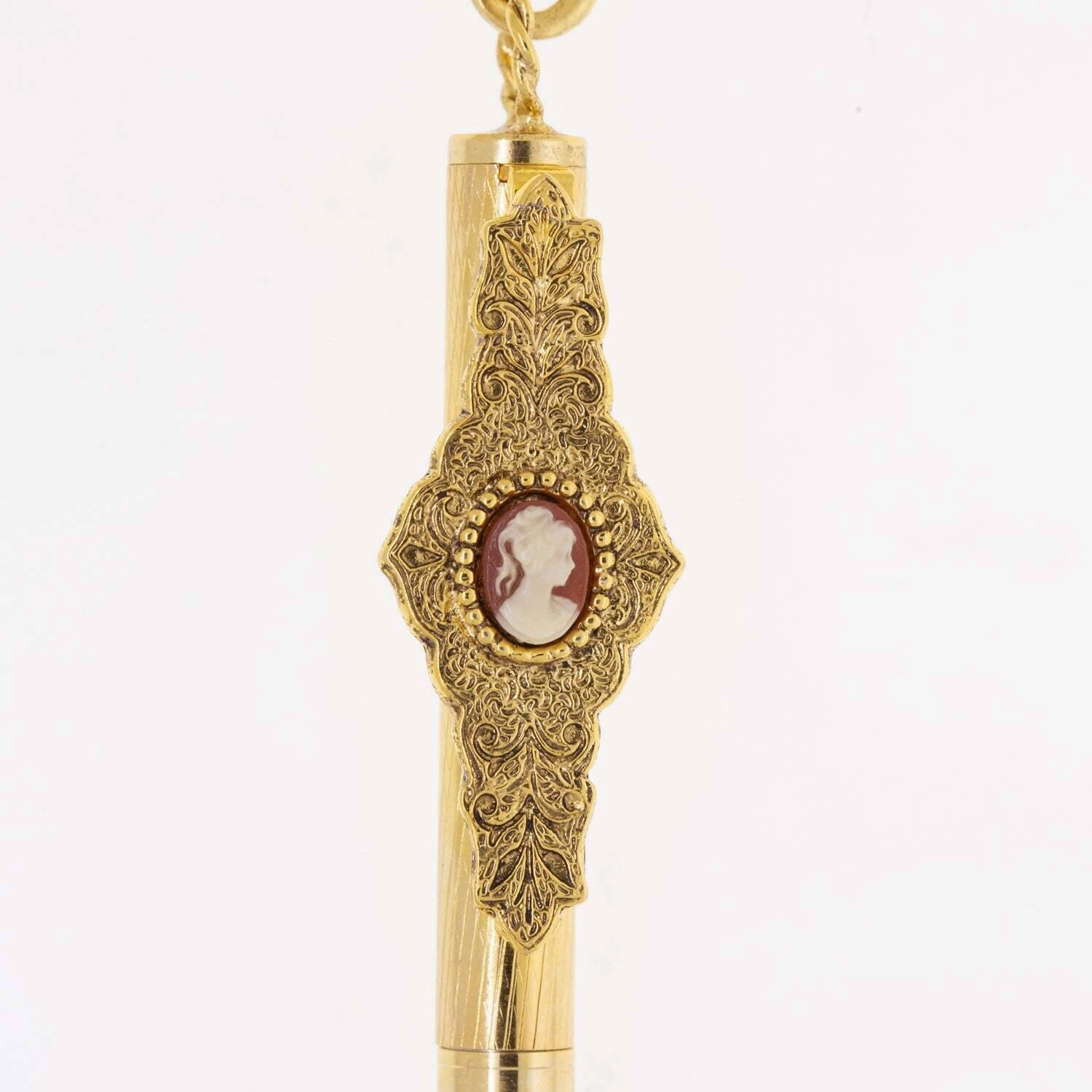 1928 Jewelry Oval Carnelian Red Cameo Ball Point Pen Necklace 28"