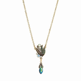 1928 Jewelry Peacock Plumage Art Nouveau Style Blue Iridescent AB Drop Pendant Necklace 16"   3" Extender