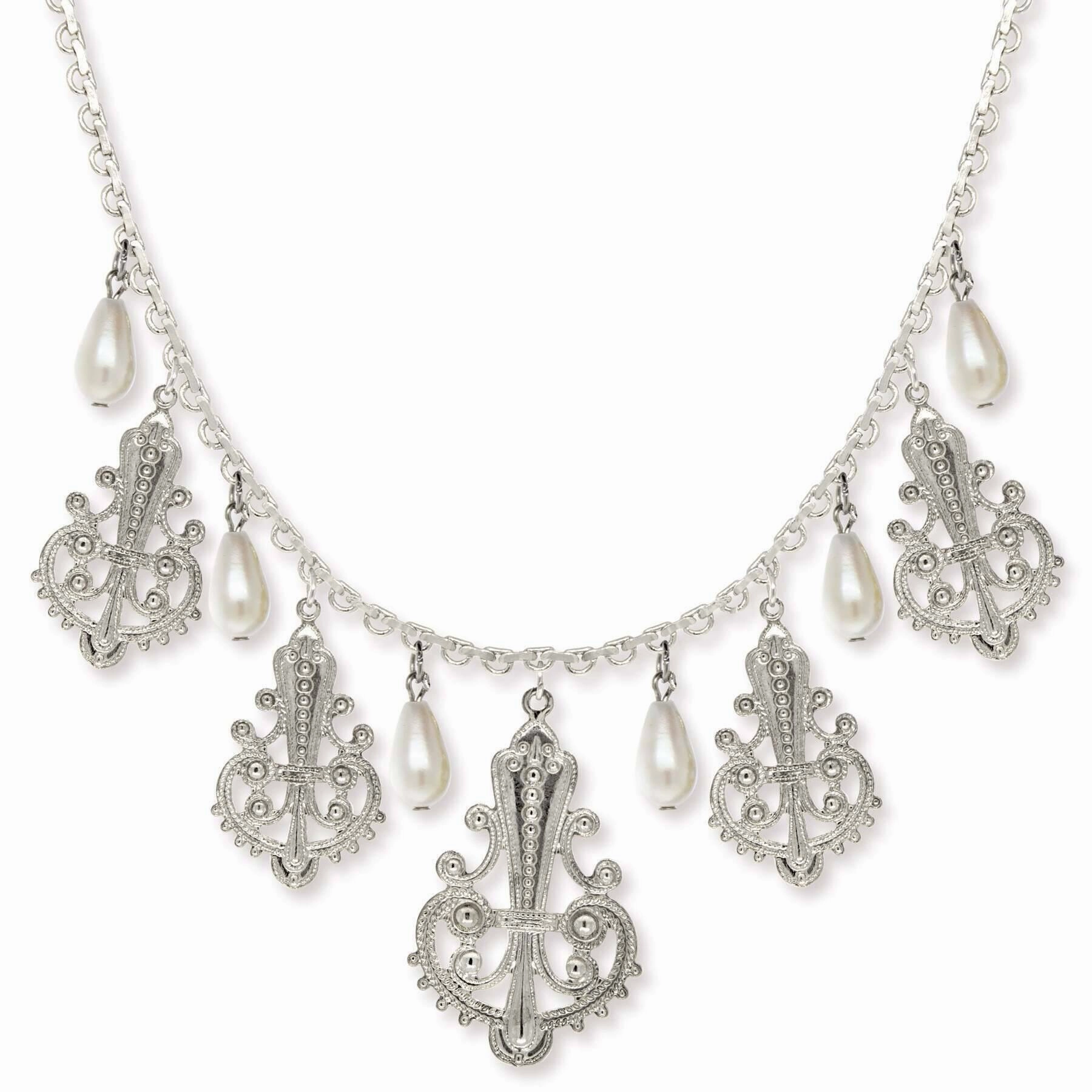 1928 Jewelry Royal Filigree Ornamental Drop Faux Pearl Necklace 16"   3" Extender
