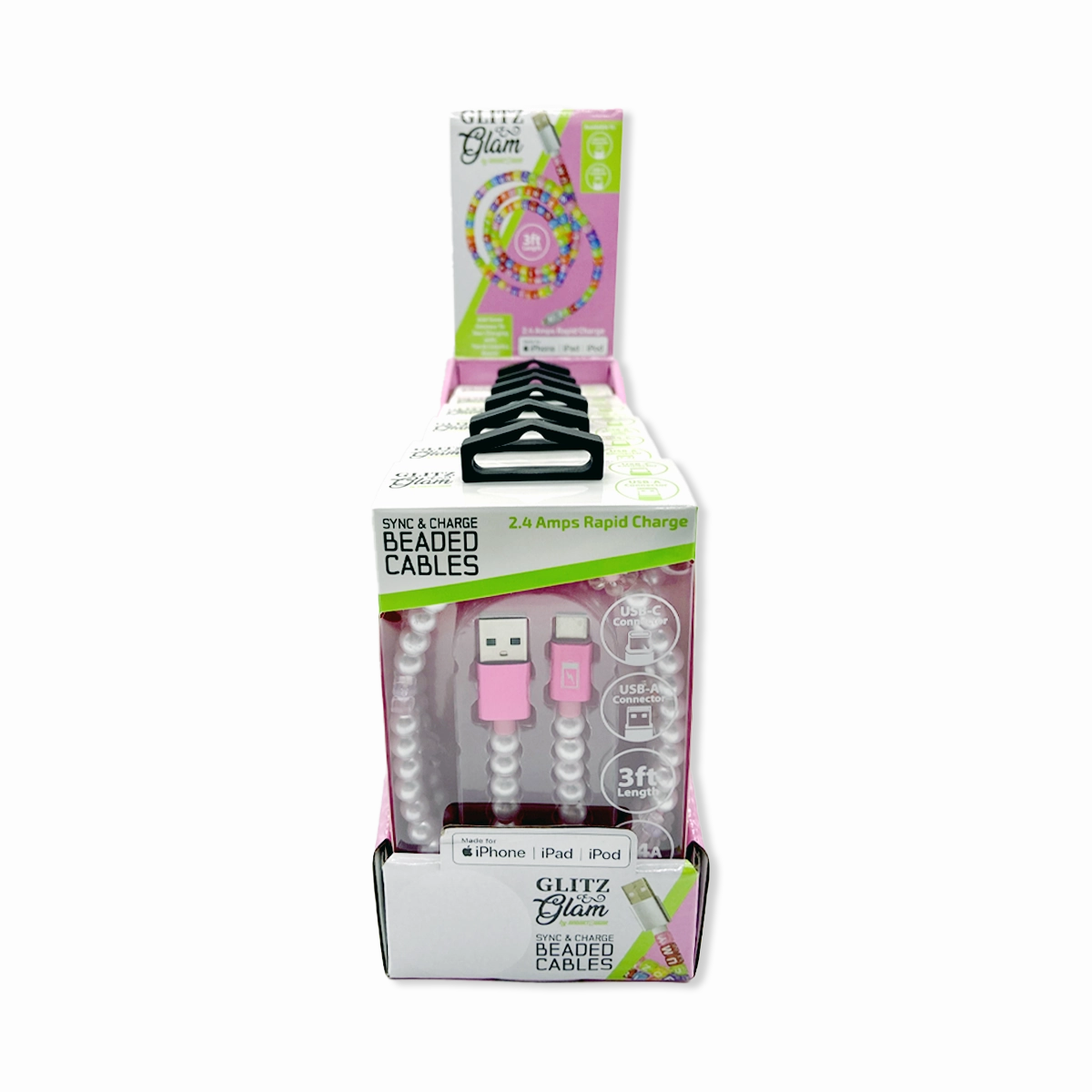 Beaded Charging Cable Assortment 3FT - 6 Pieces Per Retail Ready Display 88568