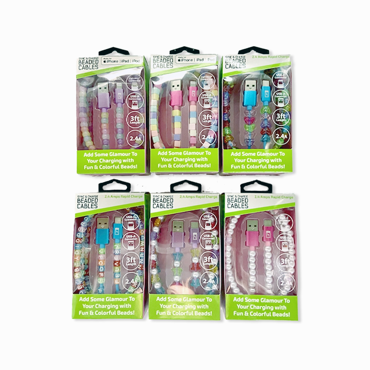 Beaded Charging Cable Assortment 3FT - 6 Pieces Per Retail Ready Display 88568