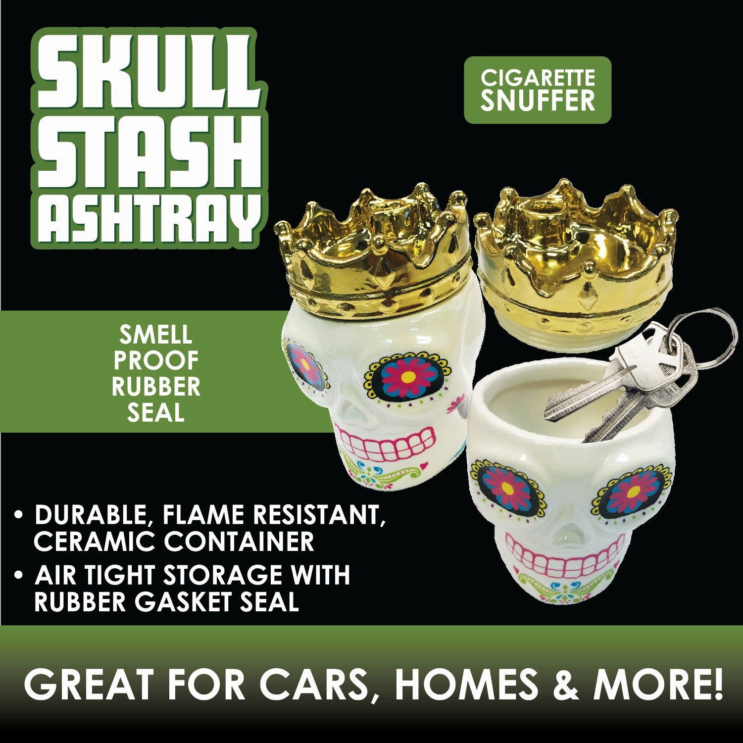 Ceramic Skull Ash Tray and Stash Jar - 6 Pieces Per Retail Ready Display 24993