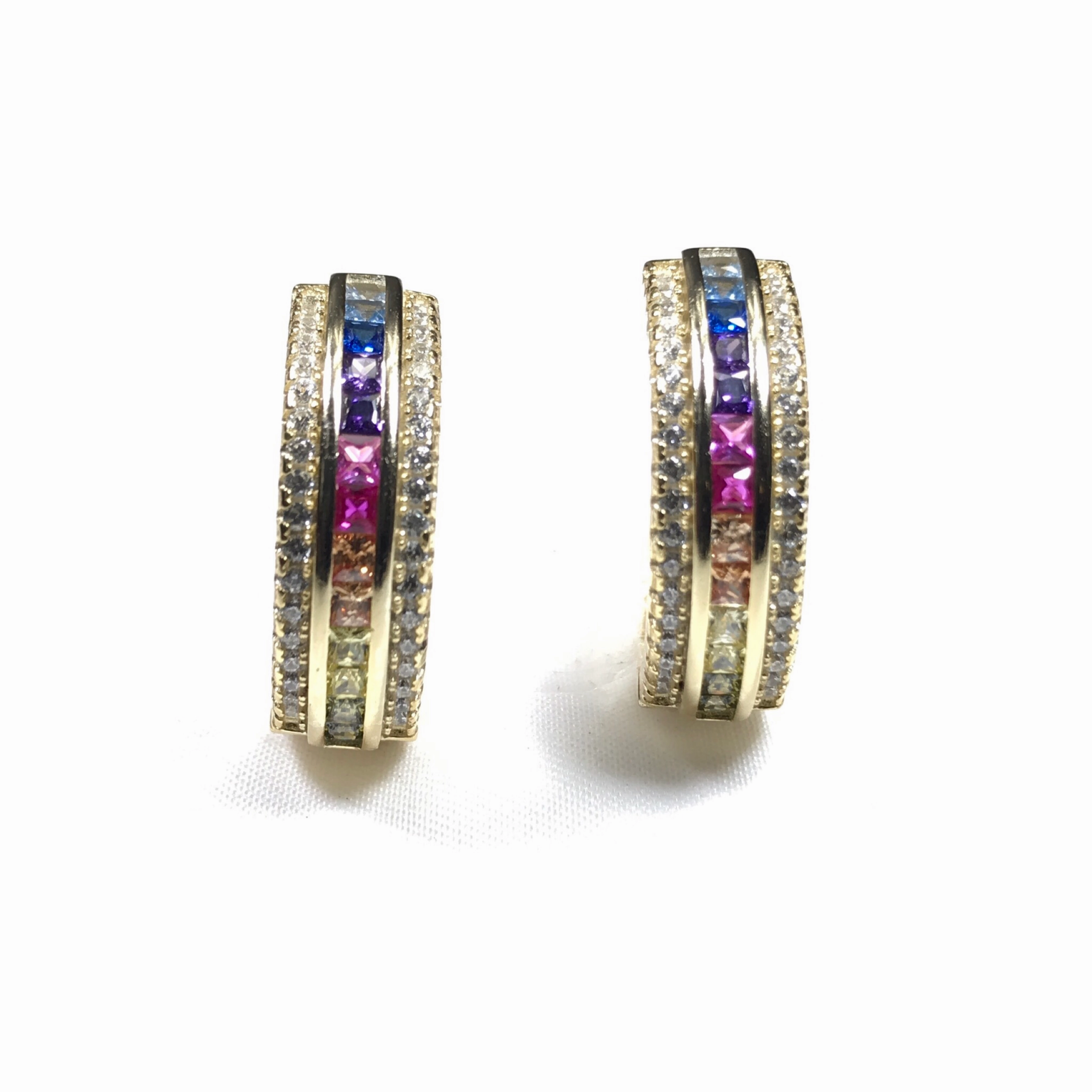 Channel Set Rainbow CZ With White CZ Border Hoop Earrings