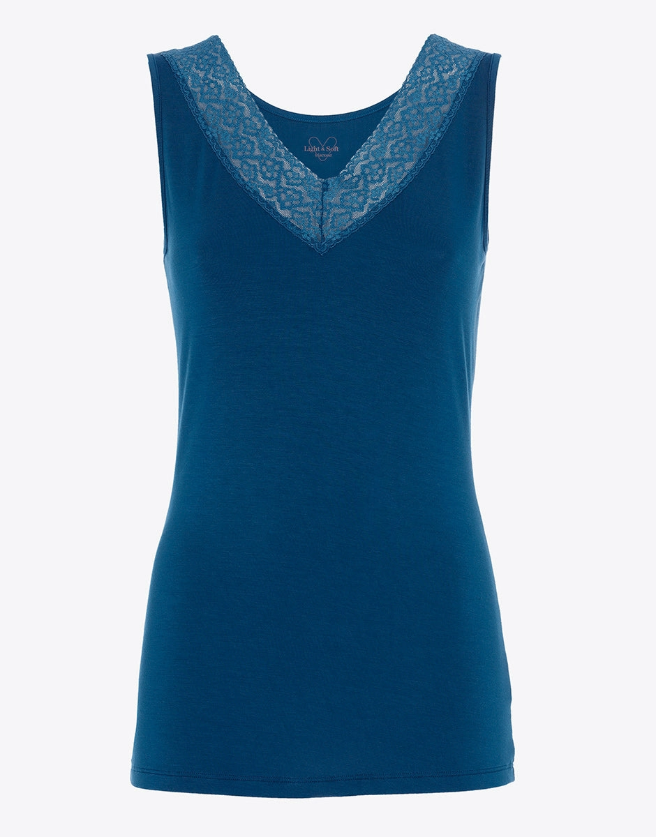 Débardeur femme en viscose à large bretelles avec dentelle Bleu Warm & Soft