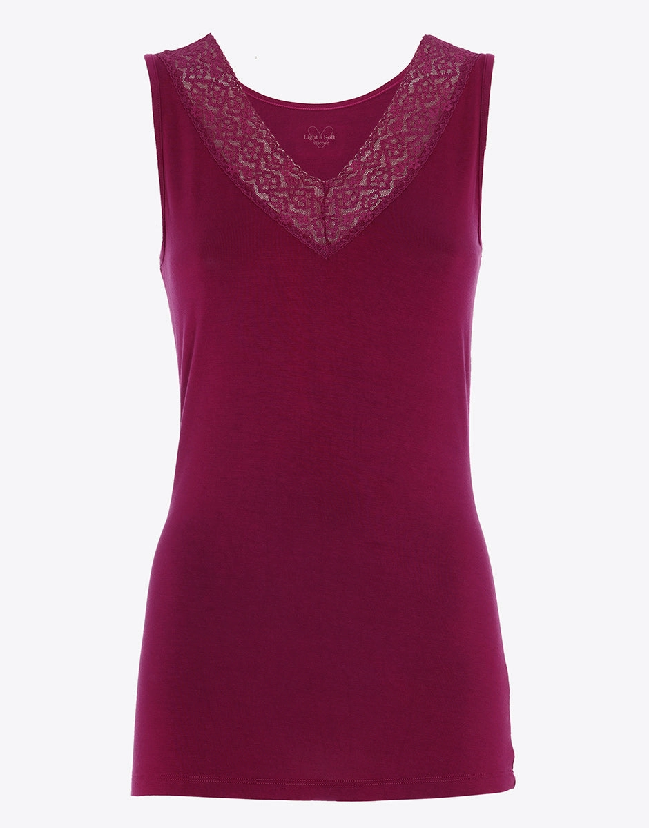Débardeur femme en viscose à large bretelles avec dentelle Bordeaux Warm & Soft