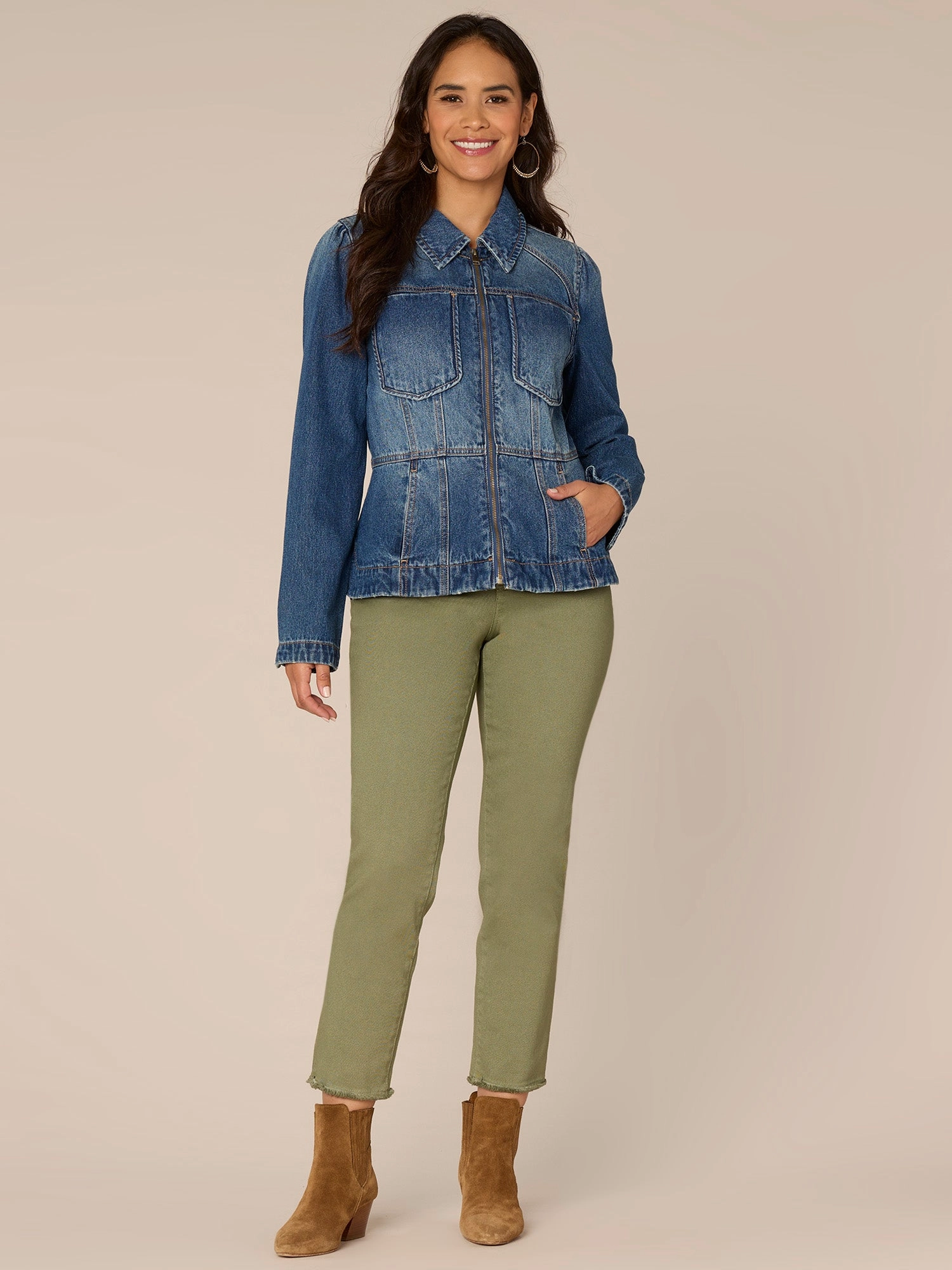 Long Sleeve Zip Front Curved Peplum Hem Jacket with Pockets