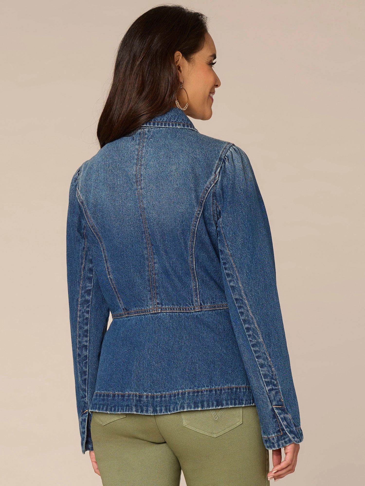 Long Sleeve Zip Front Curved Peplum Hem Jacket with Pockets