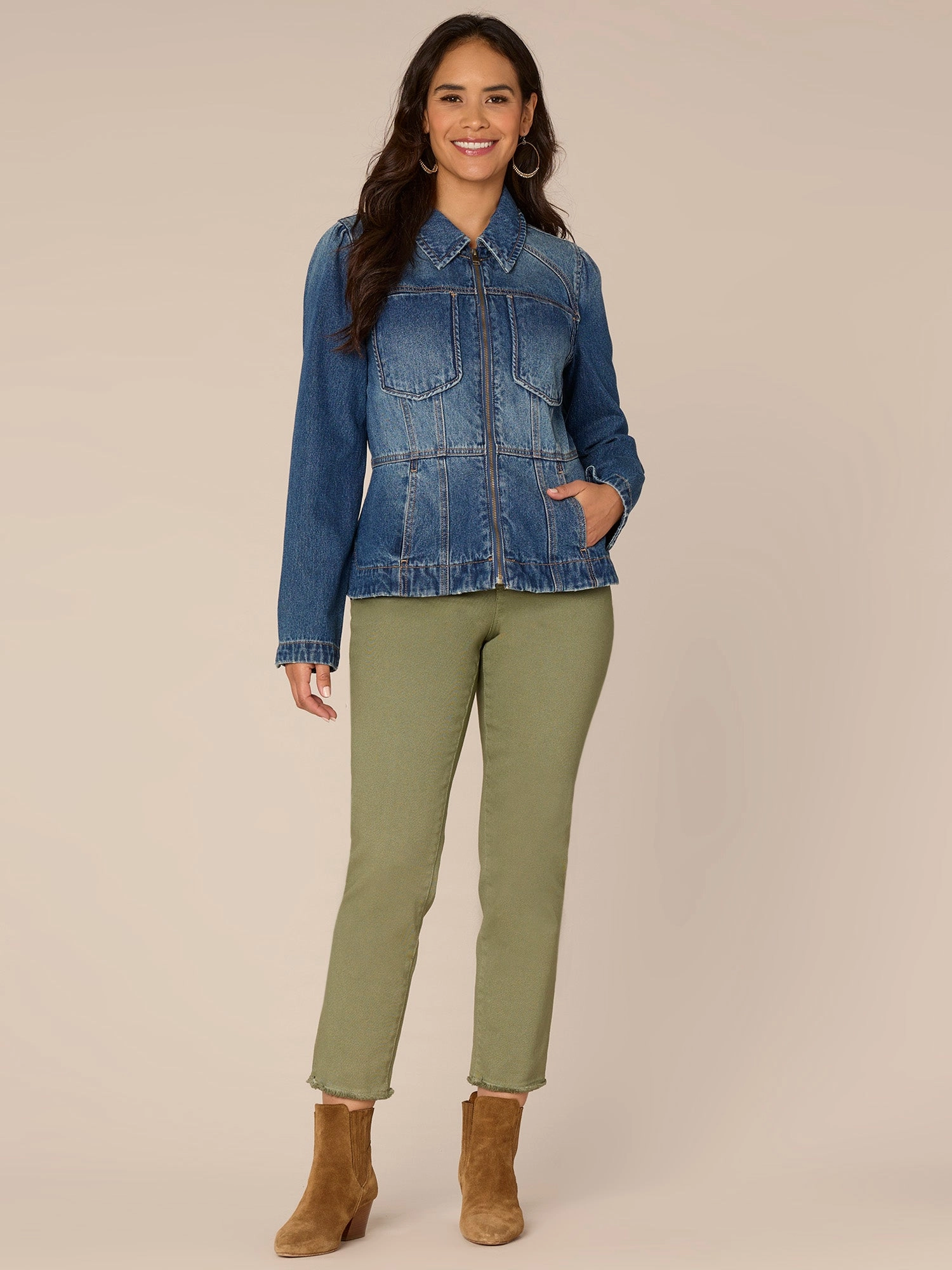 Long Sleeve Zip Front Curved Peplum Hem Jacket with Pockets