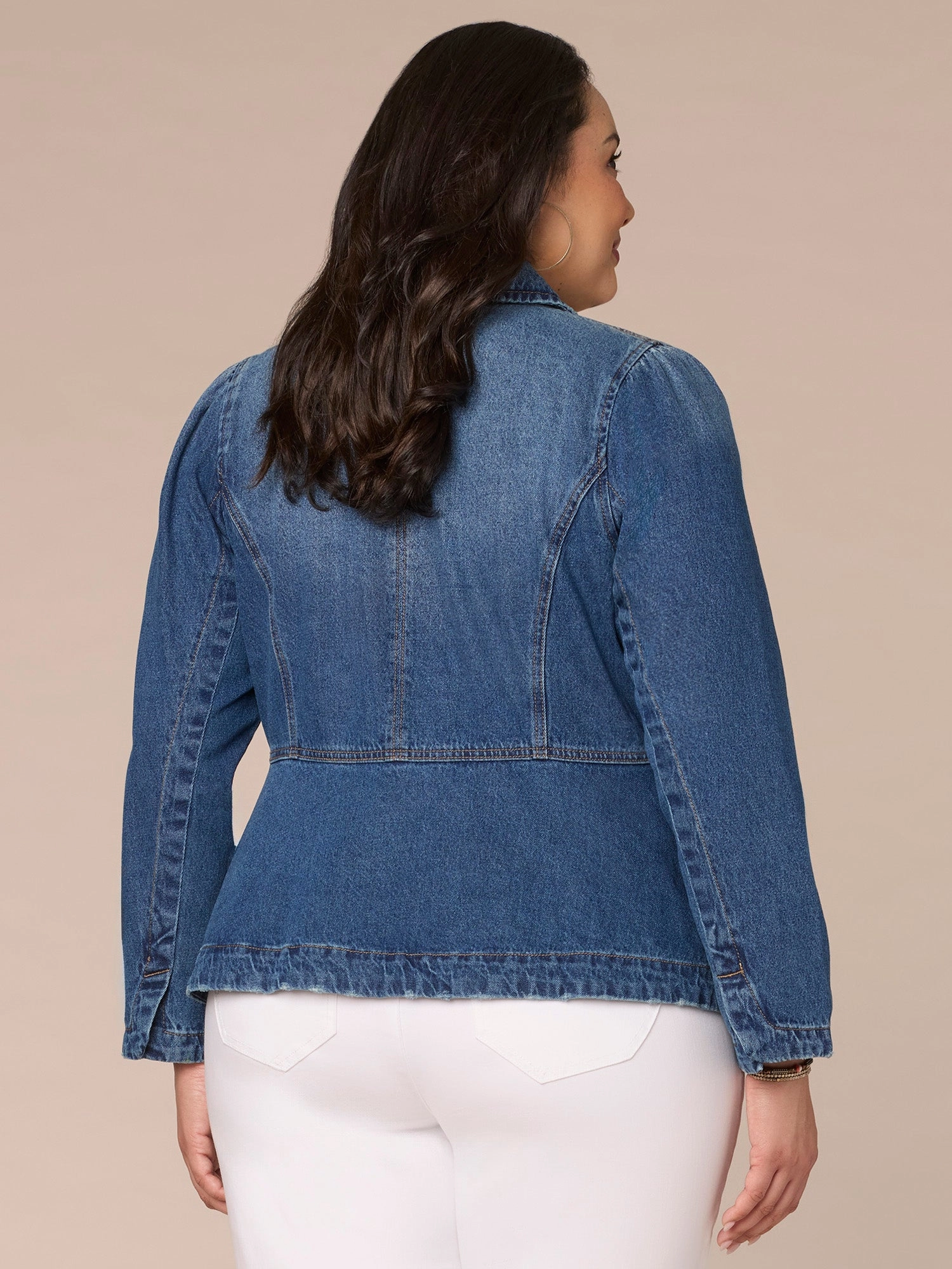Long Sleeve Zip Front Curved Peplum Hem Plus Size Denim Jacket