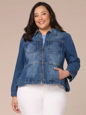 Long Sleeve Zip Front Curved Peplum Hem Plus Size Denim Jacket