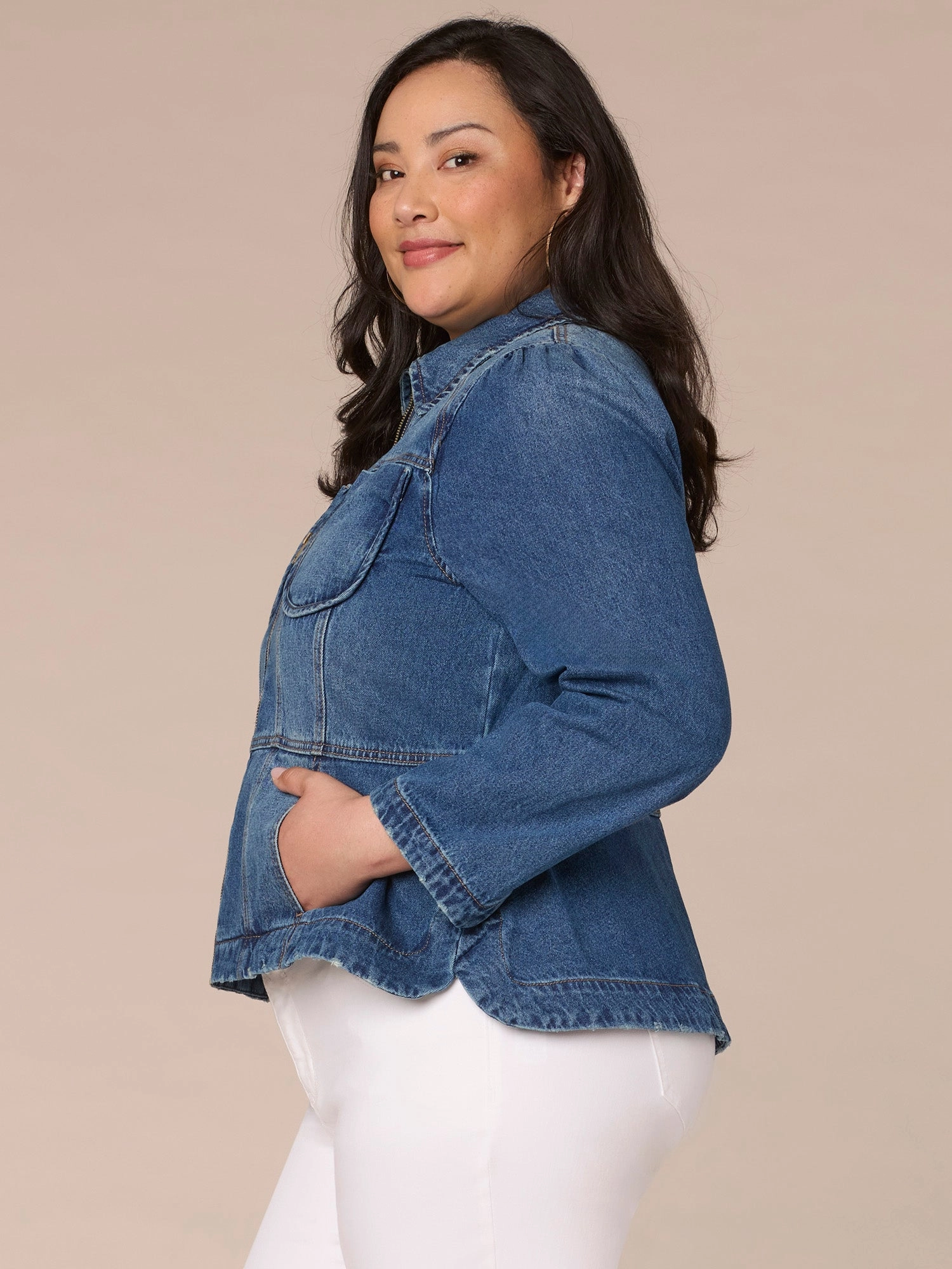 Long Sleeve Zip Front Curved Peplum Hem Plus Size Denim Jacket