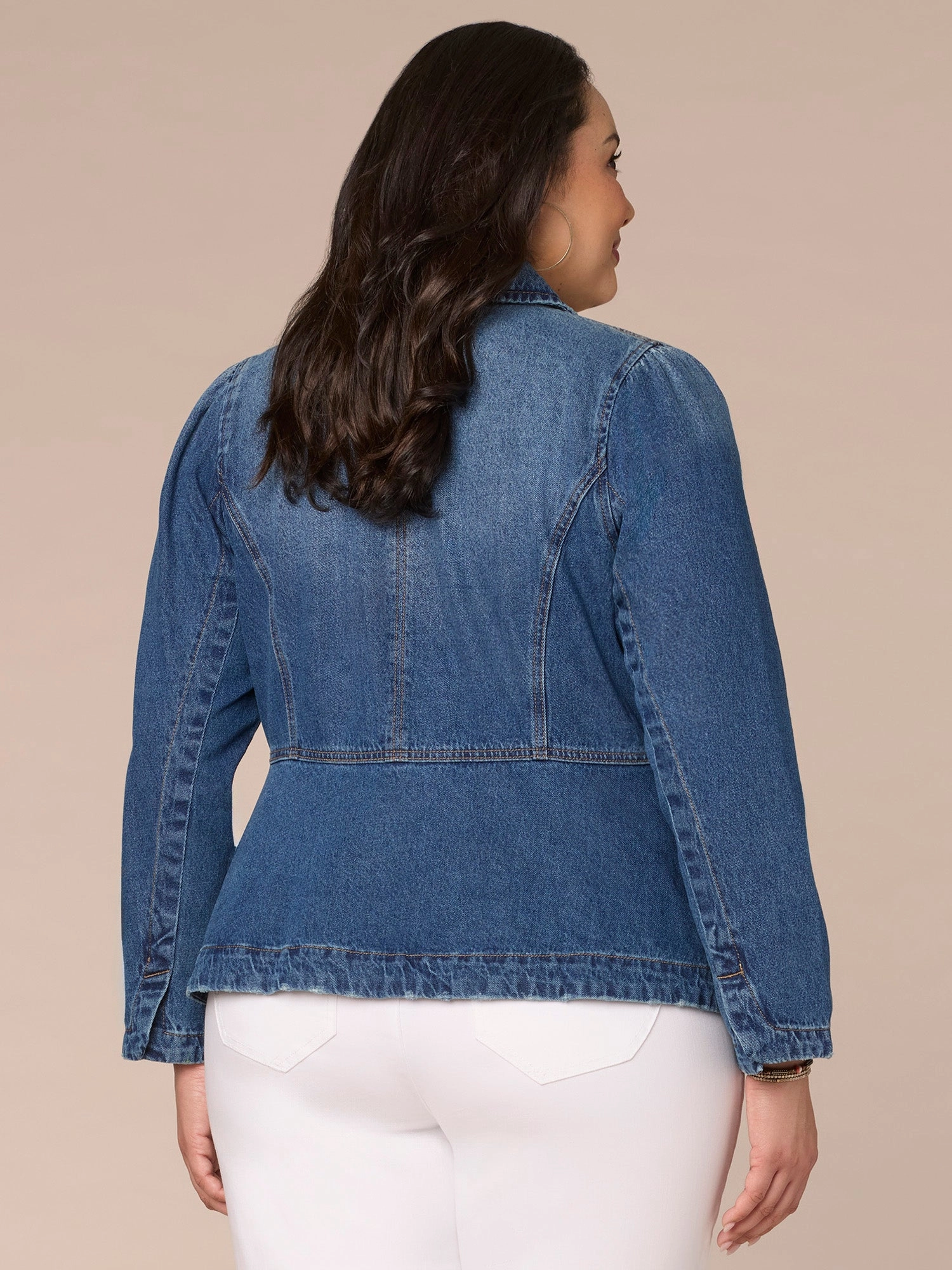 Long Sleeve Zip Front Curved Peplum Hem Plus Size Denim Jacket