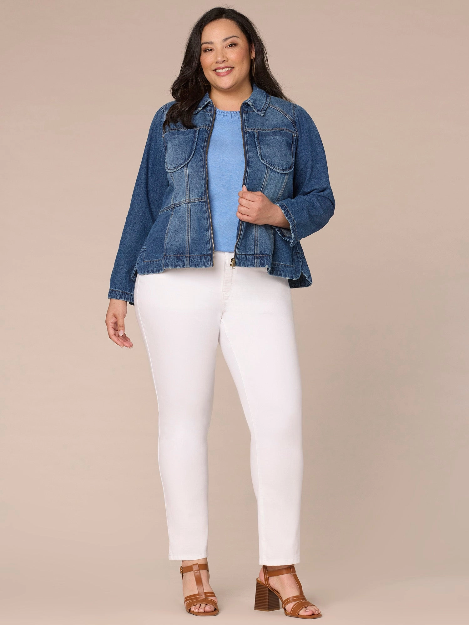 Long Sleeve Zip Front Curved Peplum Hem Plus Size Denim Jacket