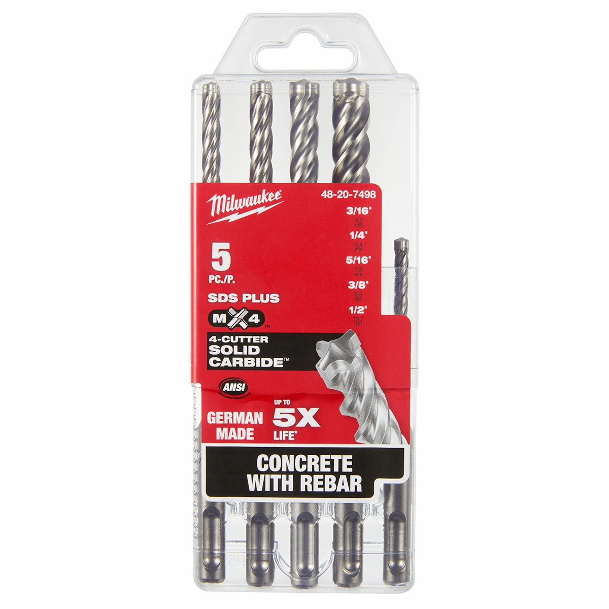 Milwaukee 48-20-7498 - 5-Piece MX4™ 4-Cutter SDS-Plus Rotary Hammer-Drill Bit Kit
