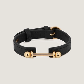 Music Bar Bracelet - Black Leather / 22 Carat Gold Gilded