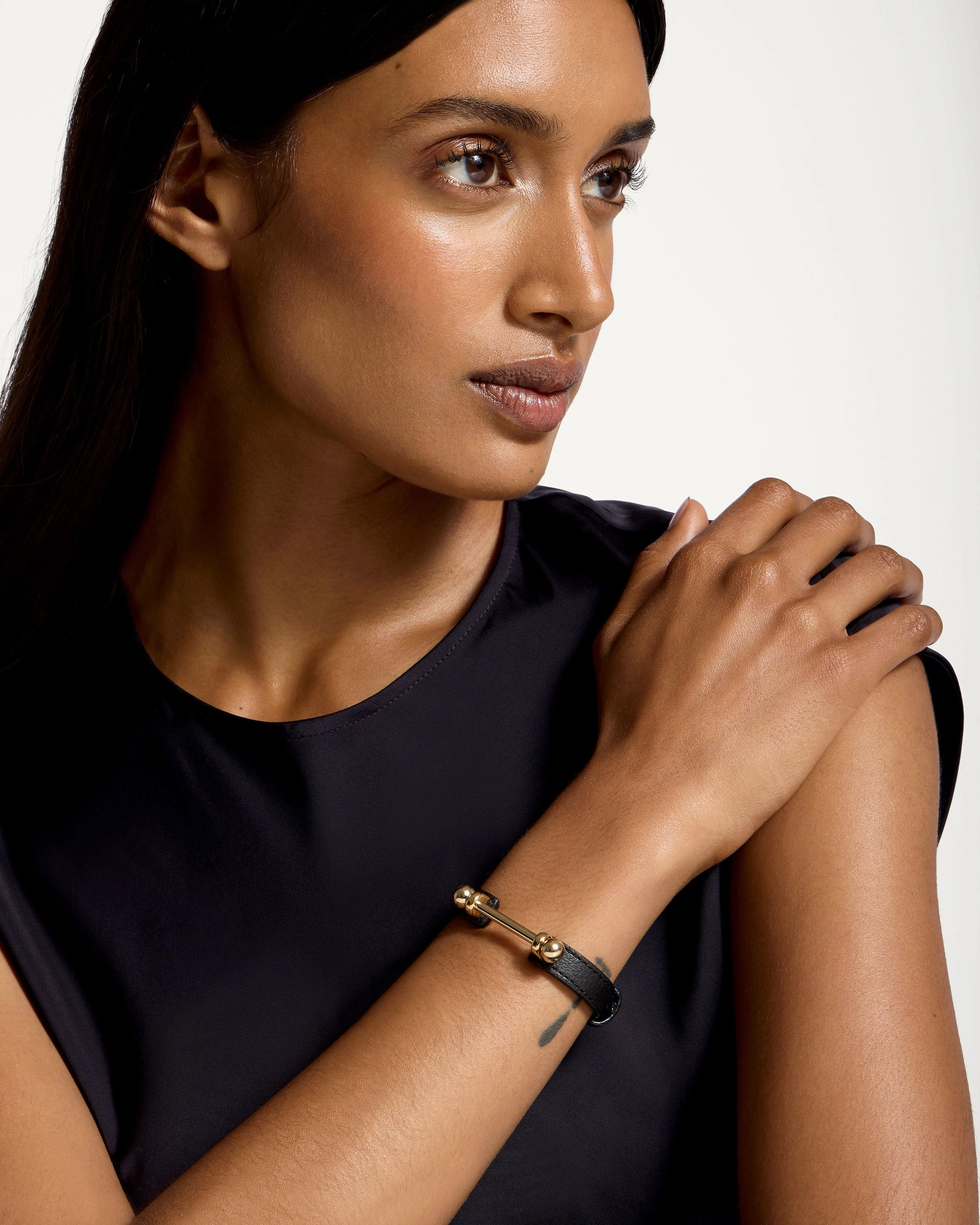 Music Bar Bracelet - Black Leather / 22 Carat Gold Gilded