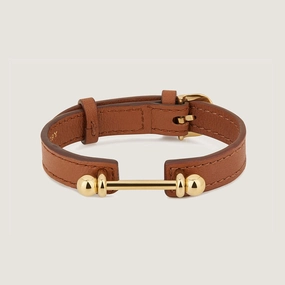 Music Bar Bracelet - Chestnut Leather / 22 Carat Gold Gilded