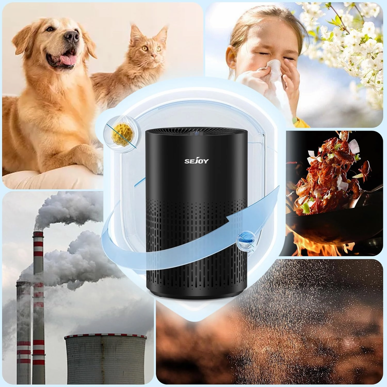 Sejoy KJ100F Air Purifier with 4 Speeds for Home Large Room up to 800 Sqft, HEPA Air Purifiers, Black
