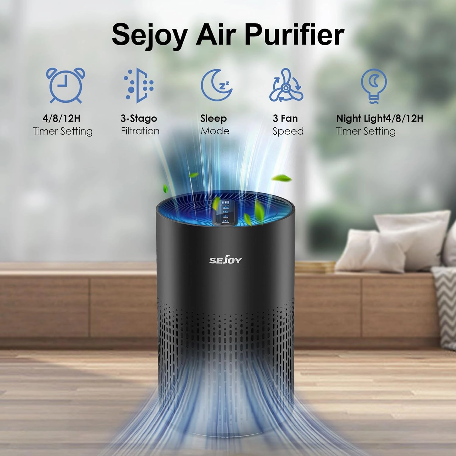 Sejoy KJ100F Air Purifier with 4 Speeds for Home Large Room up to 800 Sqft, HEPA Air Purifiers, Black