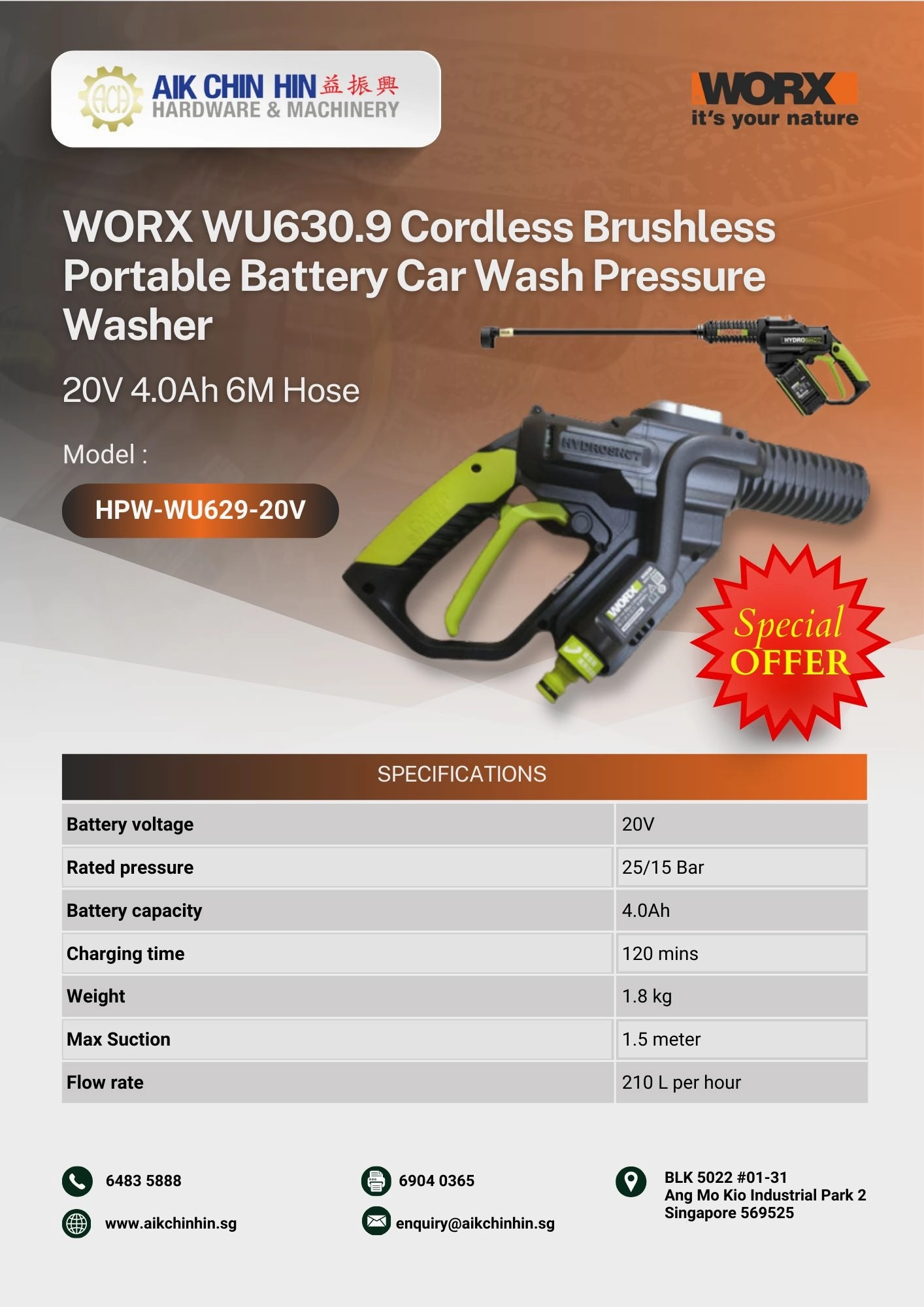 WORX WU630.9 Cordless Brushless Portable Battery Car Wash Pressure Washer 20V 4.0Ah 6M Hose | Model : HPW-WU629-20V